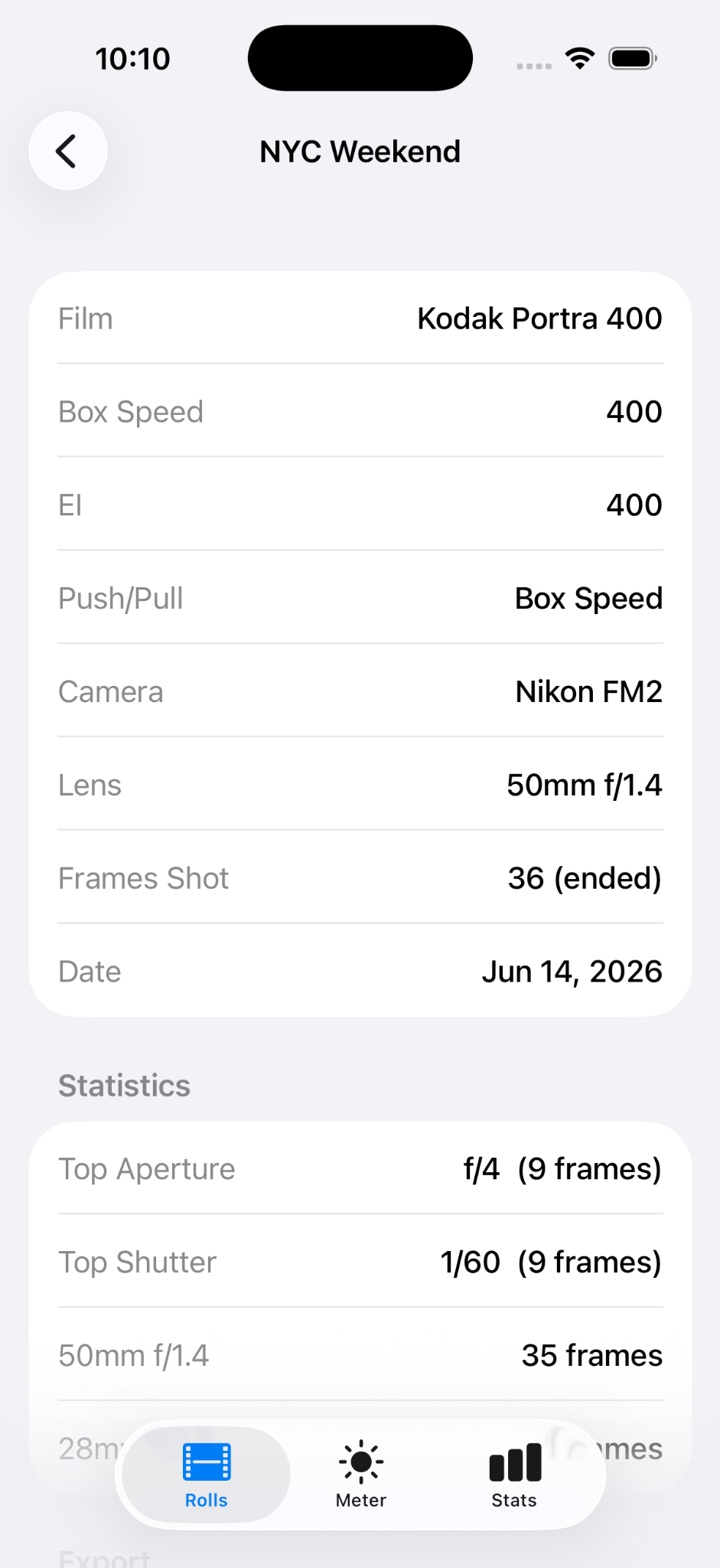 Roll detail screen